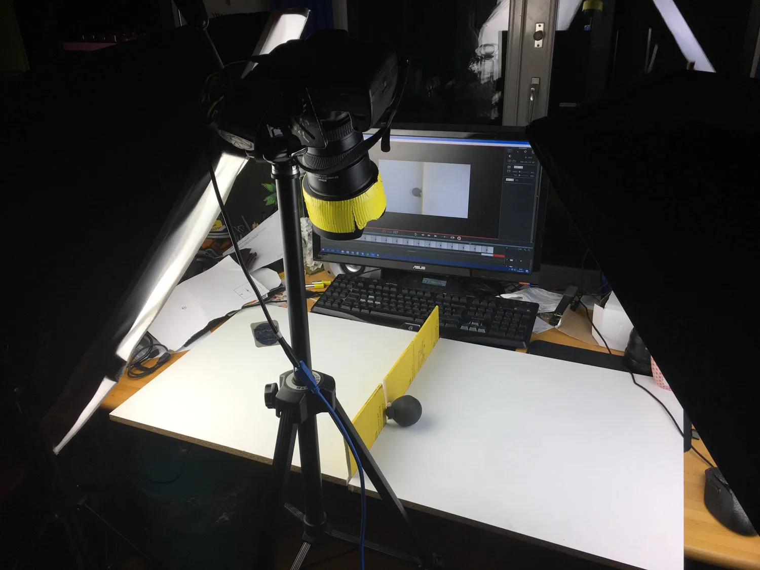 Camera, computer, and softboxes