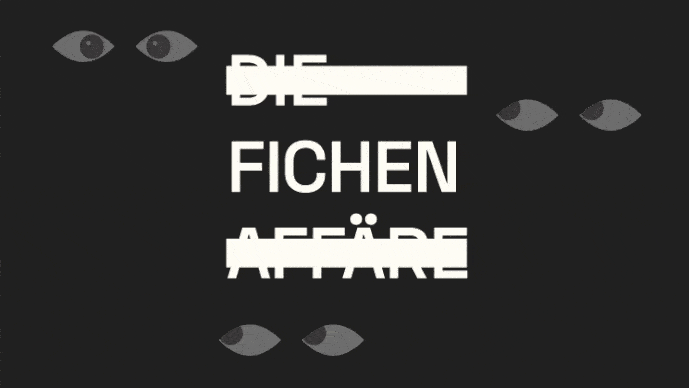 Eyes watching in the foreground the logo 'Die Fichen Affäre'
